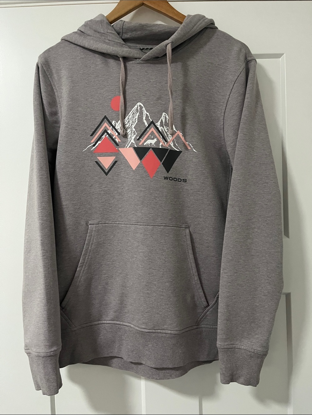 Woods Women’s Grey Hoodie with Mountain Graphic - Peach Accent